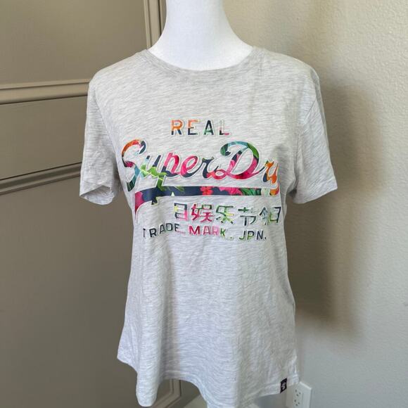 SuperDry Womens Short Sleeve Gray Heathered T-shirt Gloss Tropical G10323SU Sz 8 - Picture 1 of 7